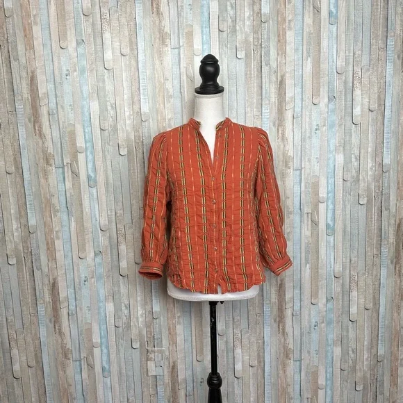 Anthropologie XS Pilcro The Bella Femme Buttondown Shirt Top Embroidered Orange - Picture 2 of 11